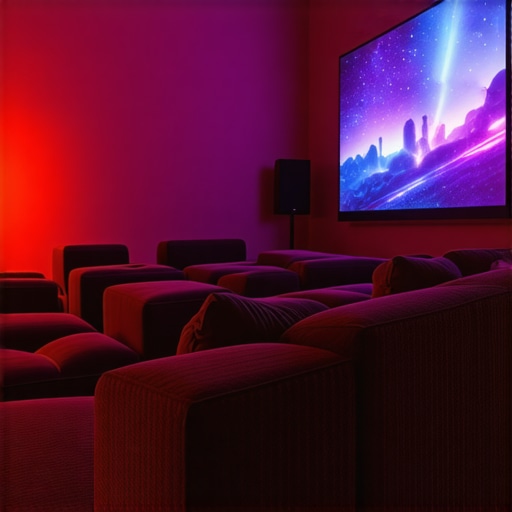 A modern home theater room showing calibrated projector and TV in a controlled lighting environment