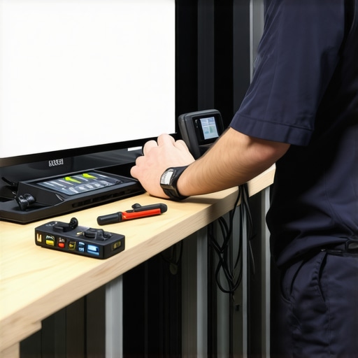 Techician using calibration tools on high-end home cinema equipment, organized workspace with cables and devices.