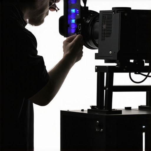 Technician using calibration devices to optimize a home cinema projector.