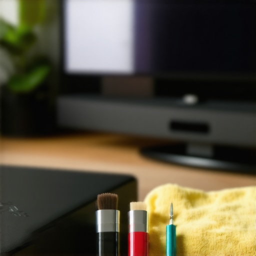 A person cleaning a home theater screen with calibration tools and checking firmware updates on a monitor.