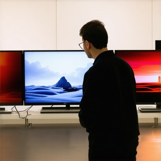 A person comparing different 4K TVs in an electronics store to assess panel quality.