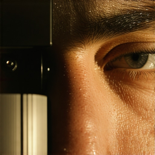 Person examining a projector lens closely for scratches or dust particles