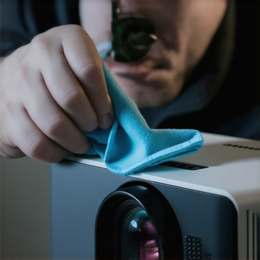Tech cleaning projector lens with microfiber cloth to ensure clear image quality