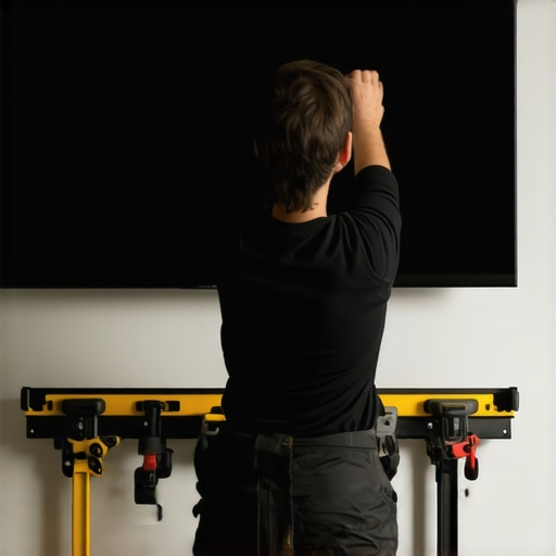 Person installing a TV bracket on a wall with tools