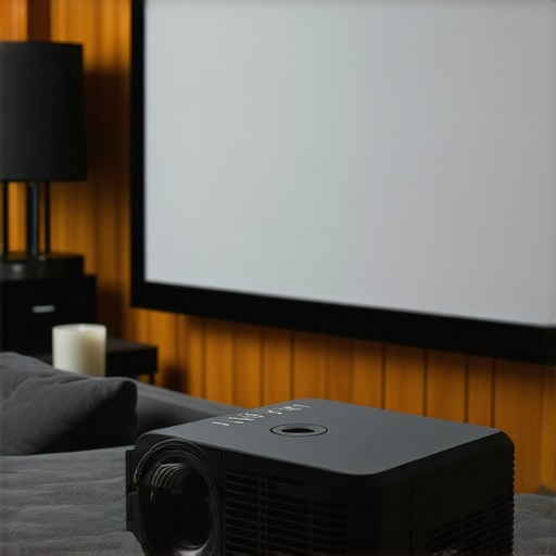 Detailed view of a home theater projector calibrating a high-quality grey screen for perfect black levels