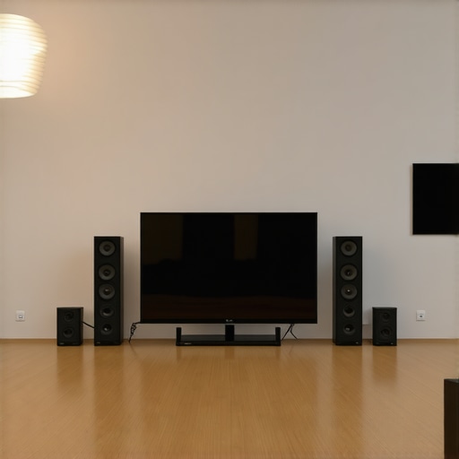 A modern home theater showcasing a large 8K TV, acoustic panels, and professional calibration equipment.
