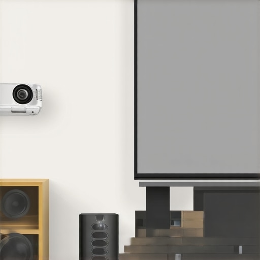 A modern home theater with projector, gray screen, and adjustable mounts in a low-ceiling room