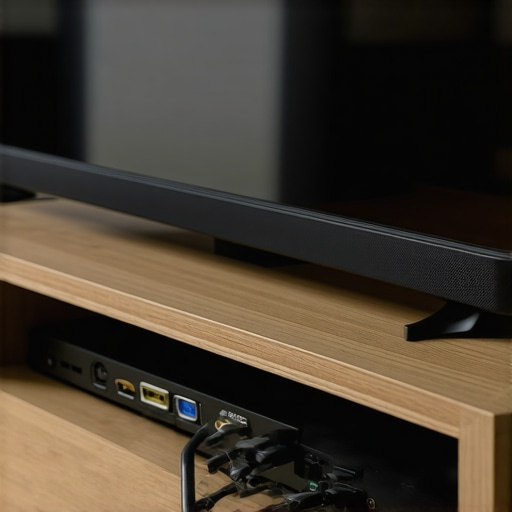 Close-up of HDMI and optical cables connected to a modern home theater system, emphasizing neat cable management.
