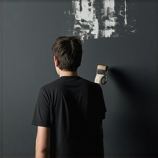Person applying matte dark grey paint to a wall with a roller brush, creating a sleek finish.