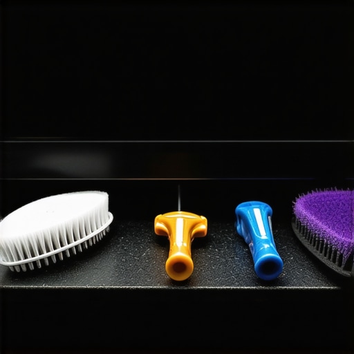 Close-up of microfiber cloth, cleaning solution, and brush near a high-end monitor