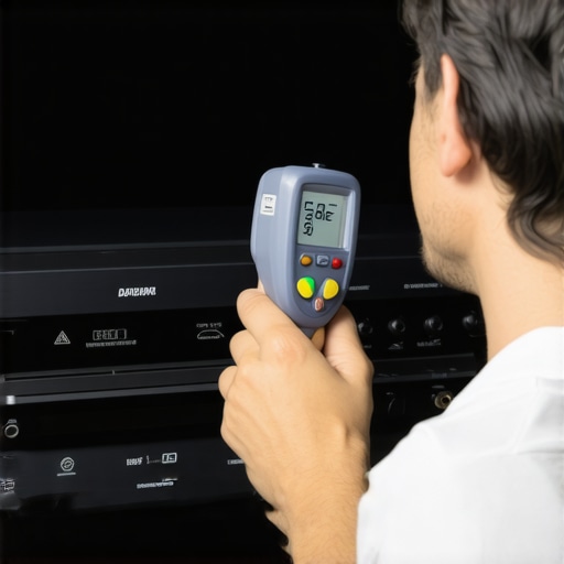 Person measuring the temperature of home theater equipment with an infrared thermometer.