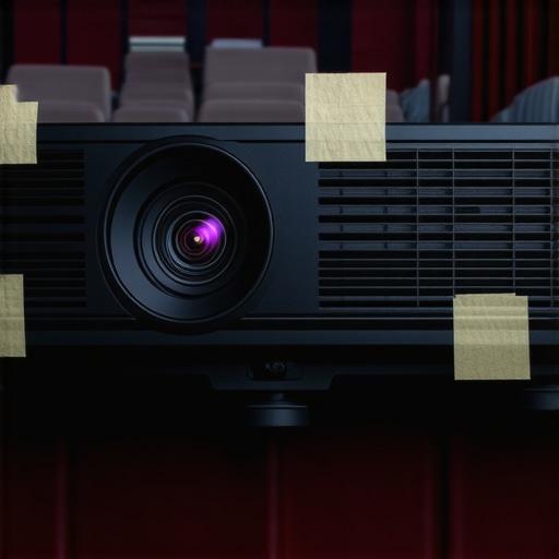 Projector with tape guides showing proper alignment for home theater setup.
