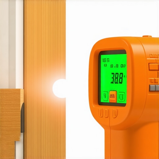 Infrared thermometer pointing at projector lens, monitoring temperature for maintenance