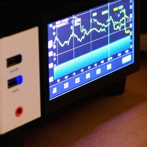 A person checking HDMI signal quality with a specialized analyzer in a modern home theater setup.
