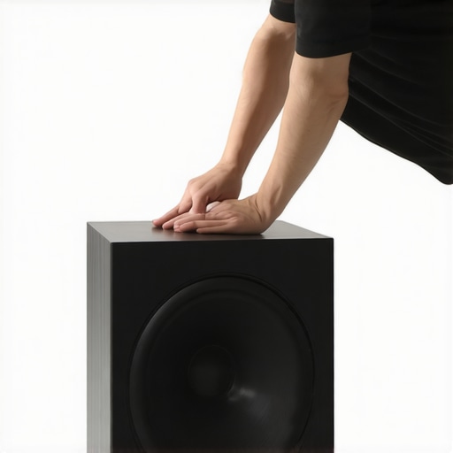Person moving a subwoofer near a wall to improve sound quality.