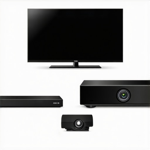 A modern living room showcasing a large TV, projector, and surround sound system for home cinema.