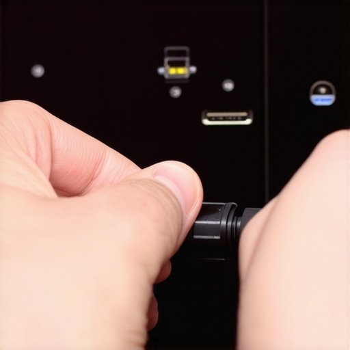 Person using a cable tester to inspect HDMI cables in a modern home theater