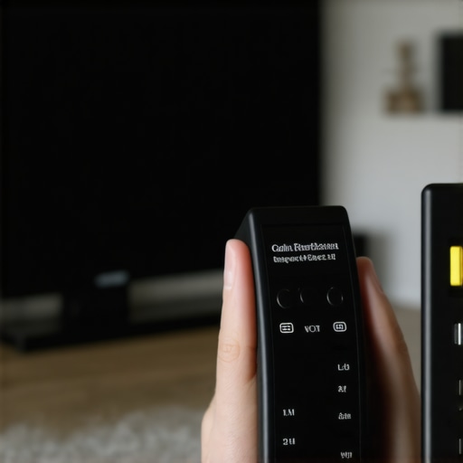 A person using a colorimeter device to calibrate a TV screen in a home theater setting
