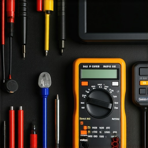 Close-up of calibration tools and multimeter used in home theater setup