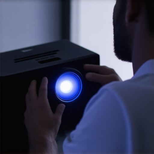 Close-up of microfiber cloth cleaning projector lens in a home theater setting