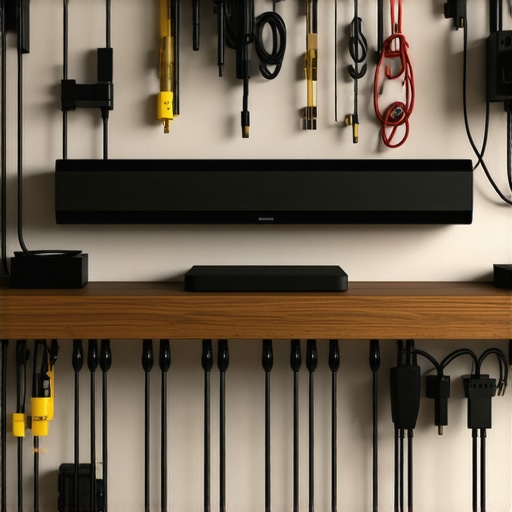 Wall-mounted shelf with soundbar and cable management in living room