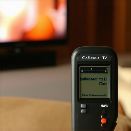 Ensuring Perfect Picture Quality with Calibration A person using a colorimeter to calibrate a television for optimal color accuracy in a home theater environment