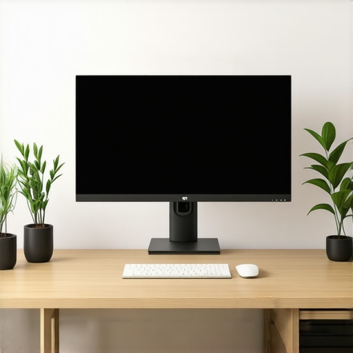 Ergonomic Home Office Setup for Large Monitors A well-organized workspace featuring a large monitor on an adjustable arm, with proper height and distance, ambient lighting, and tidy desk, optimized for comfort.