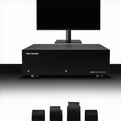 Expert Home Theater Calibration Tool Setup A technician using a test pattern generator to calibrate a home theater projector and monitor in a dedicated media room.