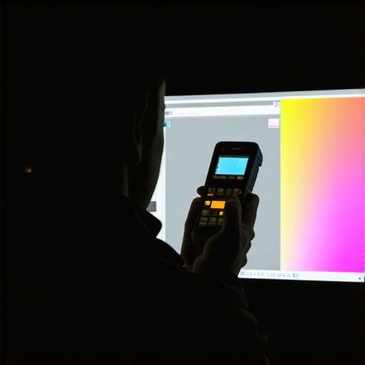 Expert calibrating a monitor with a colorimeter Person adjusting monitor calibration with a professional tool in a dark room.