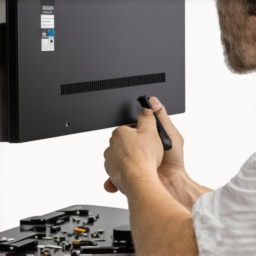 Fixing Monitor Stand Wobble A person tightening screws inside a monitor stand to reduce wobbling.