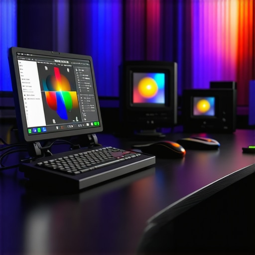 A set of calibration tools, including a colorimeter, laptop with calibration software open, and remote controls, arranged on a modern desk for home cinema setup.