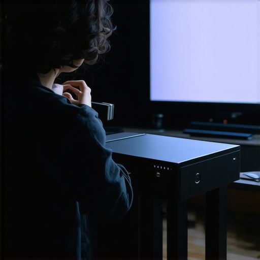 Home Theater Calibration Tools in Action A technician calibrating a high-end home theater projector using specialized tools and colorimeters