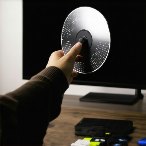Home Theater Calibration Tools in Use Person adjusting display settings with calibration disc in dim room.