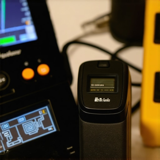 A person using a colorimeter and cable tester to calibrate and inspect a home theater system