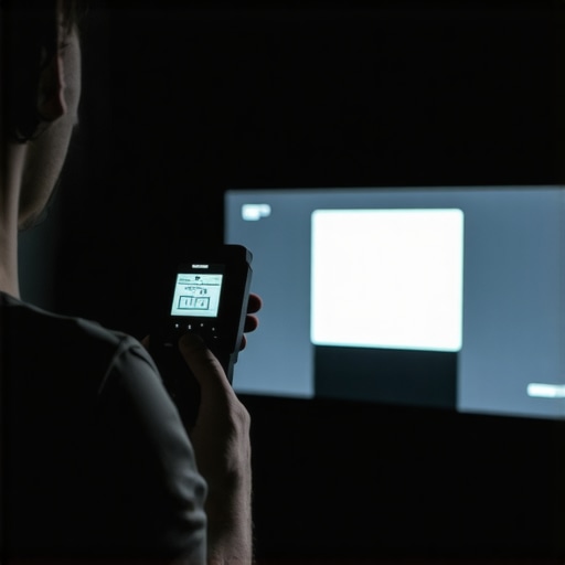 Home Theater Calibration in Progress Person using a colorimeter device to calibrate a TV or monitor in a home theater setting.