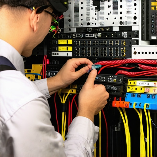 Technician performing maintenance on home theater setup with tools and cables.