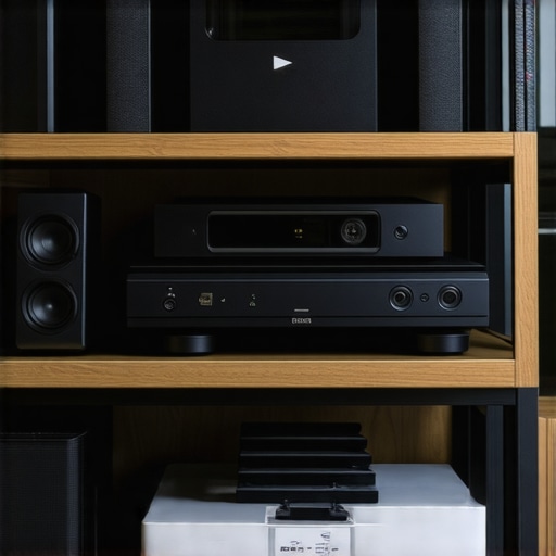 A collection of home theater maintenance and calibration tools arranged neatly on a shelf.