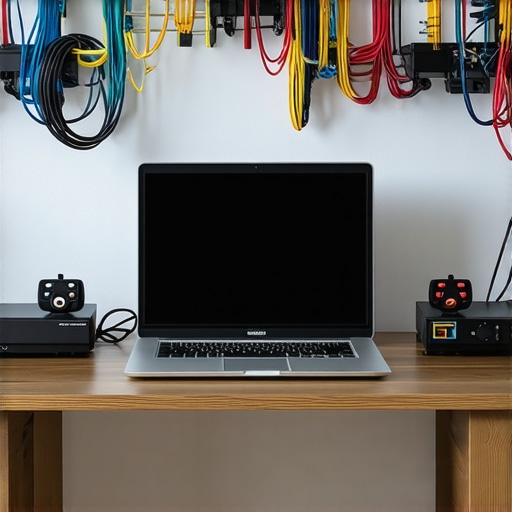 Home Theater Maintenance Tools and Setup A home theater scene with calibration tools, laptop with software, and organized cables for proper equipment upkeep.
