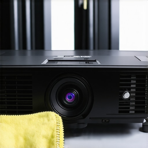 Technician inspecting and cleaning a projector and audio-visual equipment for optimal performance.