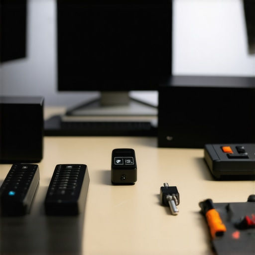 Home Theater Maintenance Tools Professional home theater calibration devices and cleaning tools on a technician's workbench