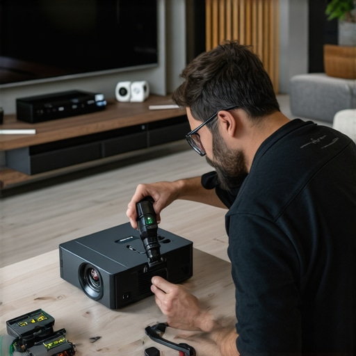 Home Theater Maintenance Technician using calibration tools on a projector in a home theater environment.