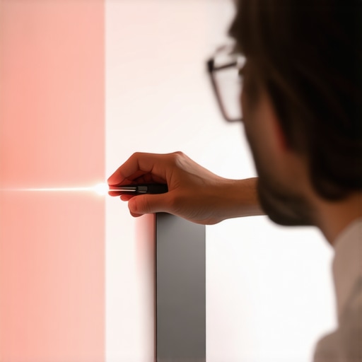 Person aligning a projector using a laser pointer in a home theater setup.