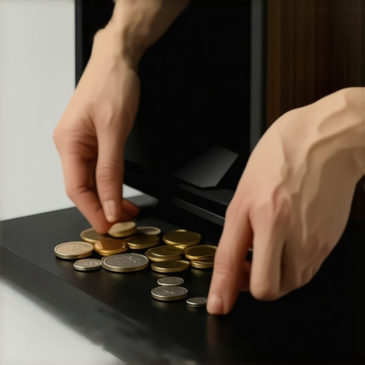 Person using coins to stabilize a tilted subwoofer on a flat floor.