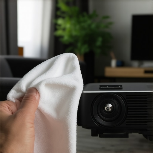 A person carefully cleaning a projector lens with a microfiber cloth to ensure clear image quality.