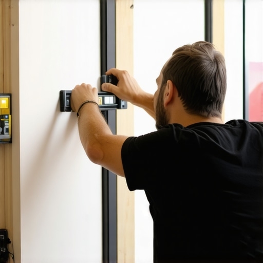 Person measuring and marking a wall with chalk line and level for TV installation