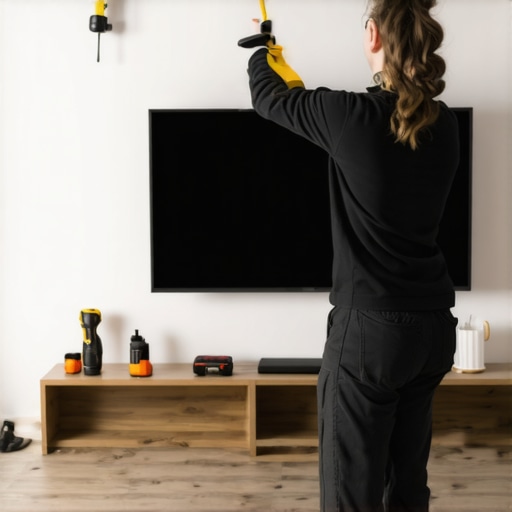 Person measuring wall for TV mount placement with tools