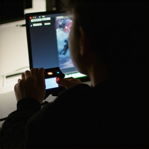 Monitor Calibration Setup Person adjusting monitor settings using calibration tools in a gaming room.