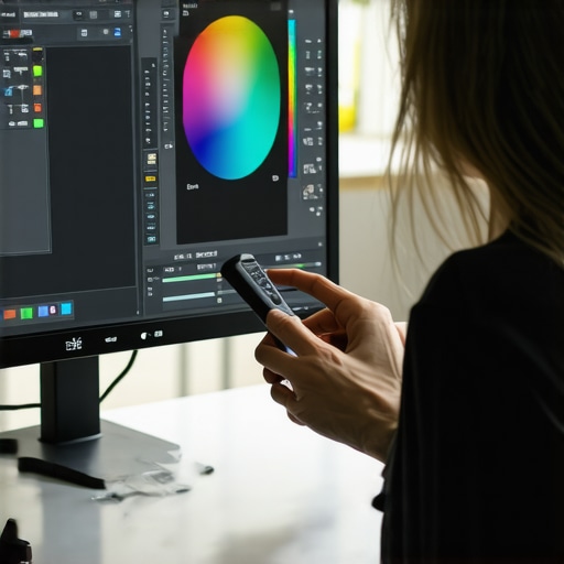 Person adjusting a monitor with a color calibration tool for accurate display