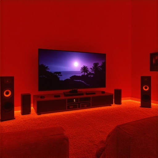 Optimized Home Theater Setup A sophisticated home theater with a large TV, sound system, and ambient lighting for immersive viewing.