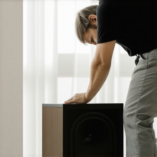 Person positioning a subwoofer in the corner for better bass response.